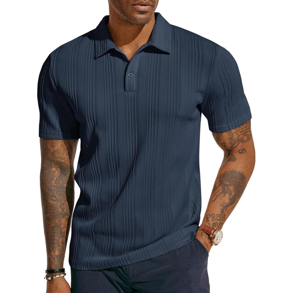 imagePJ PAUL JONES Mens Textured Knit Polo Shirts Regular Fit Stretchy Golf ShirtsNavy