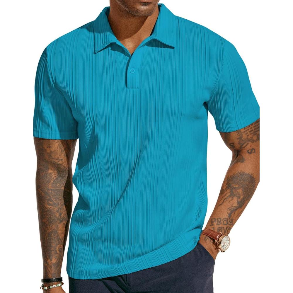imagePJ PAUL JONES Mens Textured Knit Polo Shirts Regular Fit Stretchy Golf ShirtsPeacock Blue