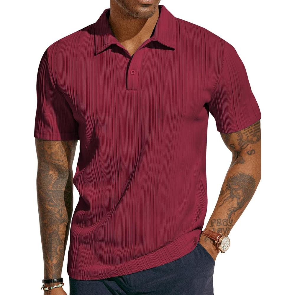 imagePJ PAUL JONES Mens Textured Knit Polo Shirts Regular Fit Stretchy Golf ShirtsWine