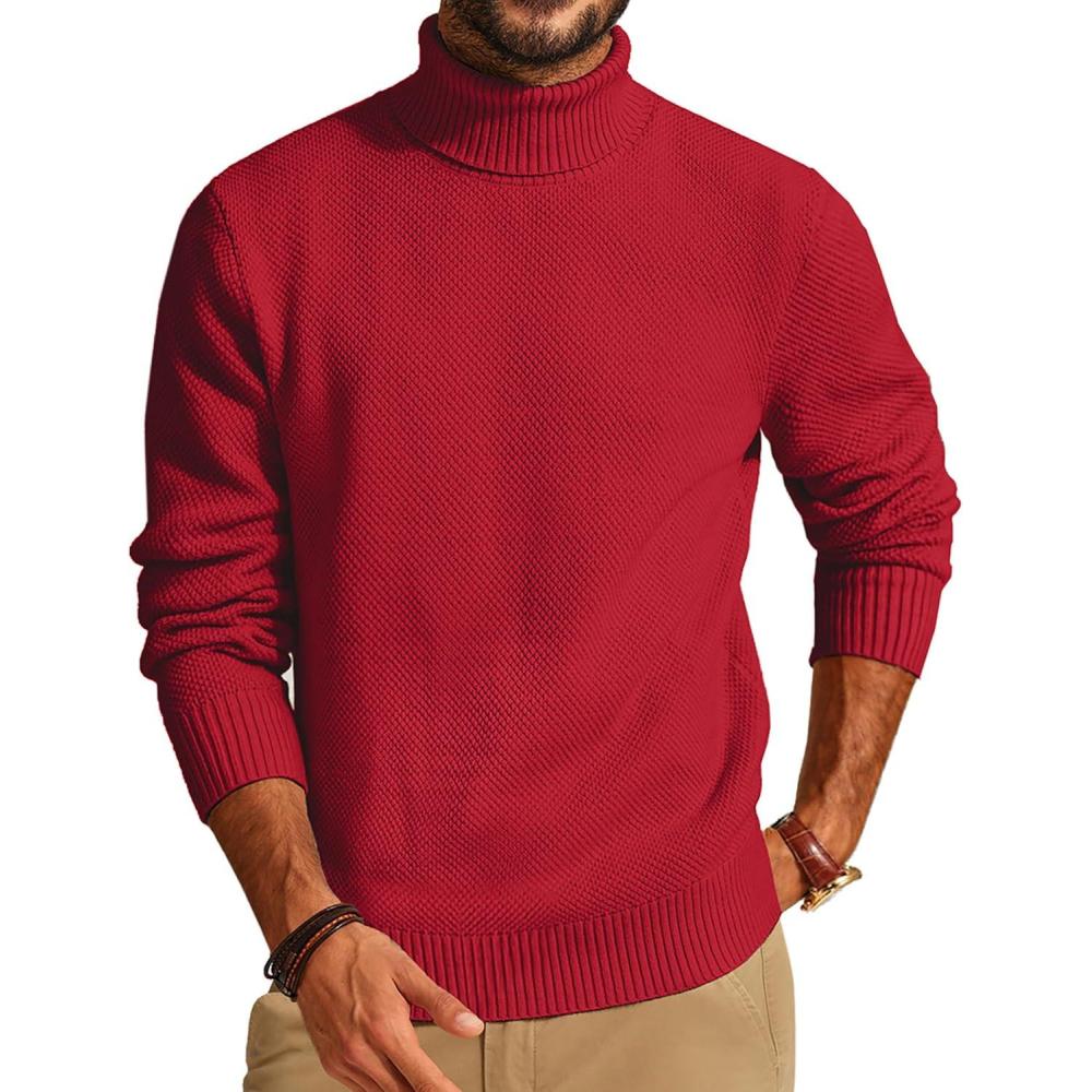 imagePJ PAUL JONES Mens Turtleneck Sweaters Long Sleeve Mock Neck Knit Sweaters Ribbed Slim Pullover SweaterBright Red