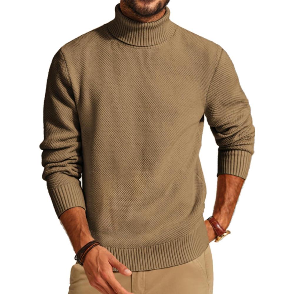 imagePJ PAUL JONES Mens Turtleneck Sweaters Long Sleeve Mock Neck Knit Sweaters Ribbed Slim Pullover SweaterKhaki