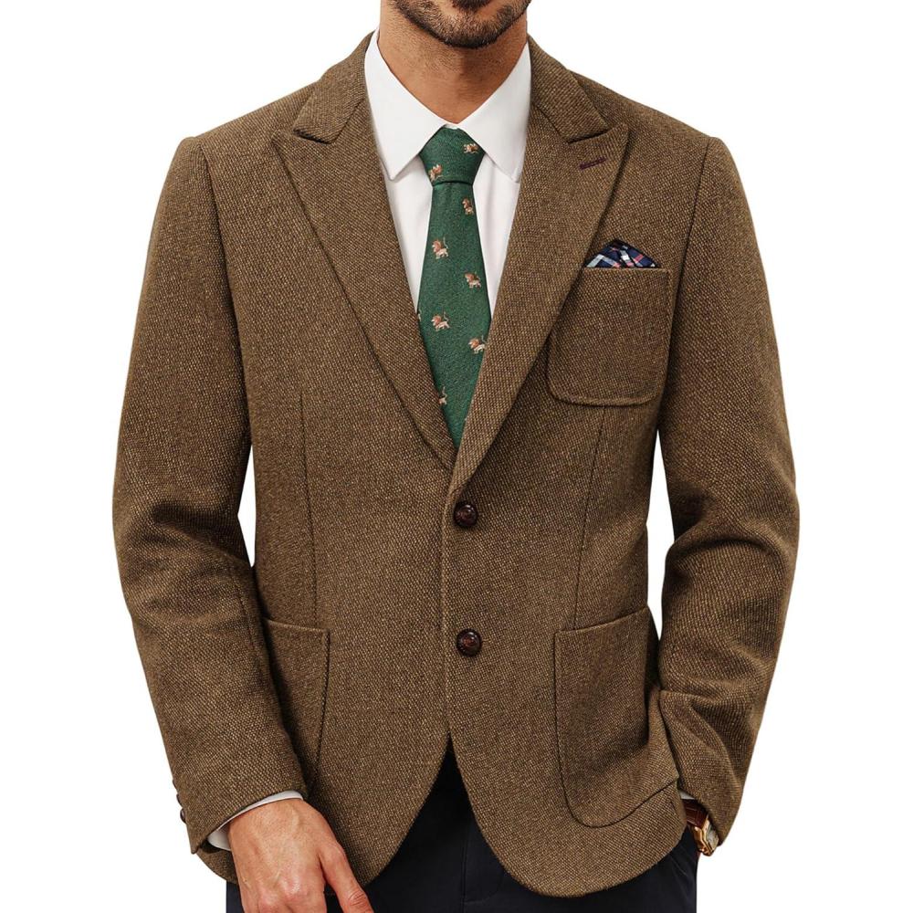 imagePJ PAUL JONES Mens Tweed Blazer Wool Sport Coat Two Button Peak Lapel Vintage Suit JacketsBrown