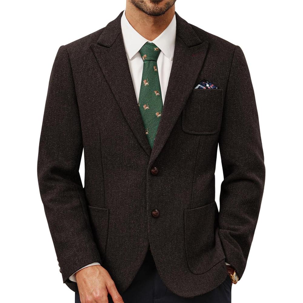 imagePJ PAUL JONES Mens Tweed Blazer Wool Sport Coat Two Button Peak Lapel Vintage Suit JacketsDark Coffee