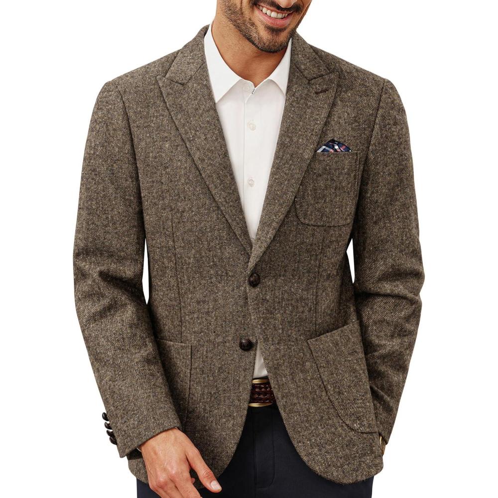 imagePJ PAUL JONES Mens Tweed Blazer Wool Sport Coat Two Button Peak Lapel Vintage Suit JacketsKhaki