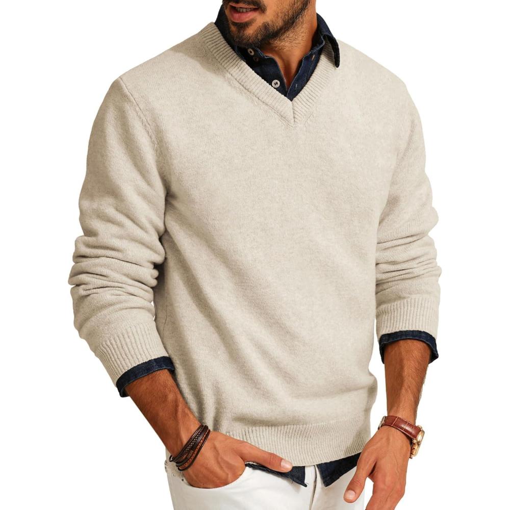 imagePJ PAUL JONES Mens V Neck Pullover Lightweight Wool Blend Long Sleeve Knit SweaterApricot
