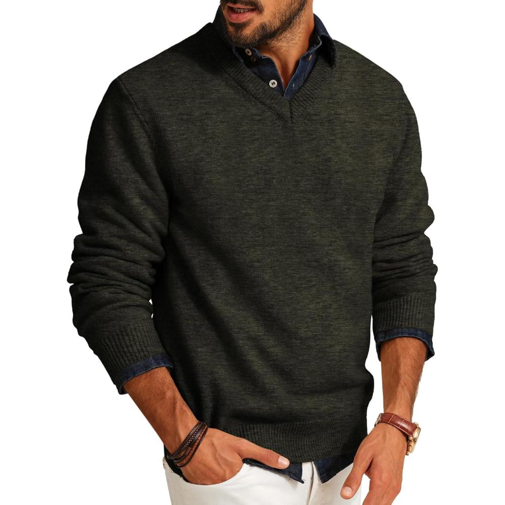 imagePJ PAUL JONES Mens V Neck Pullover Lightweight Wool Blend Long Sleeve Knit SweaterArmy Green