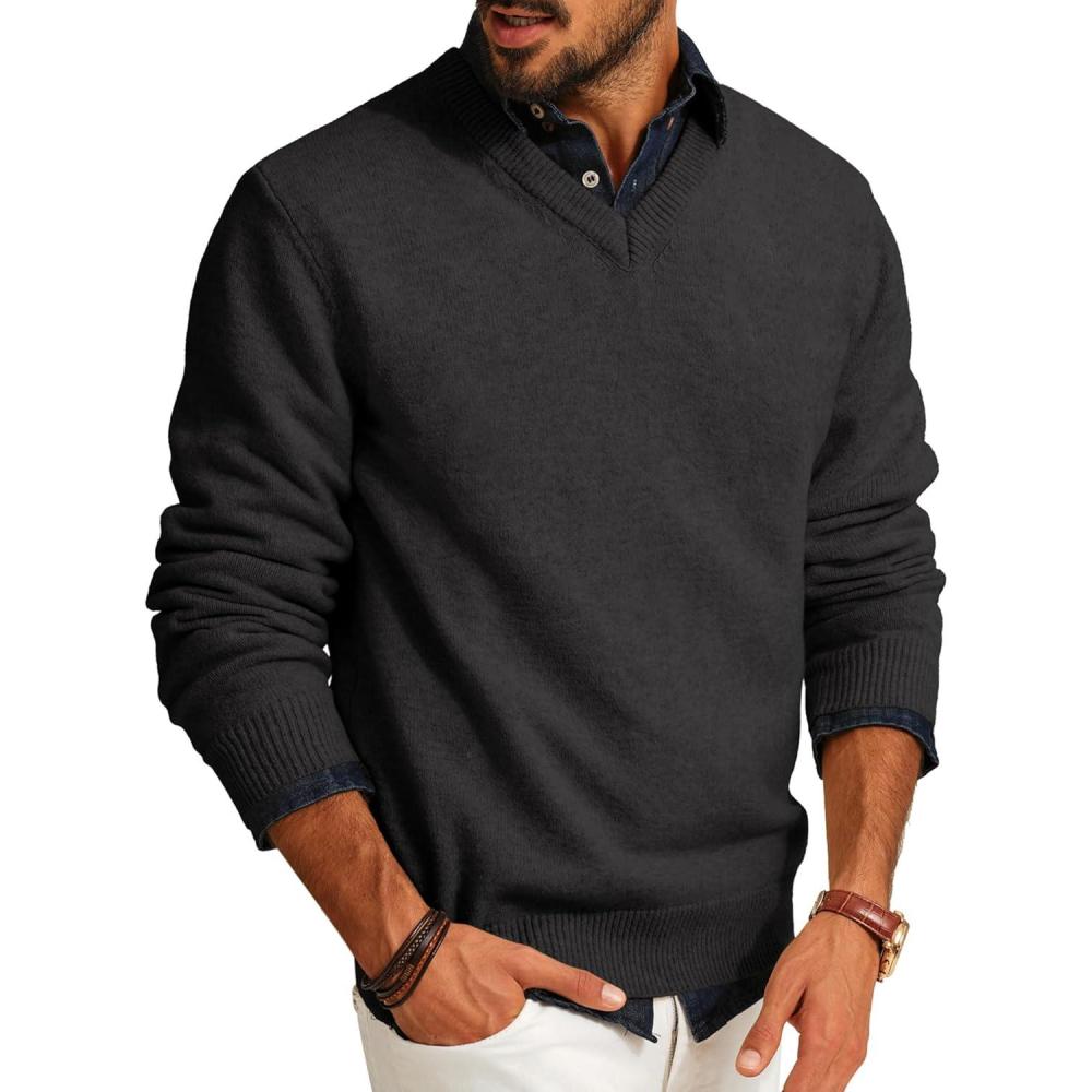 imagePJ PAUL JONES Mens V Neck Pullover Lightweight Wool Blend Long Sleeve Knit SweaterDark Gray