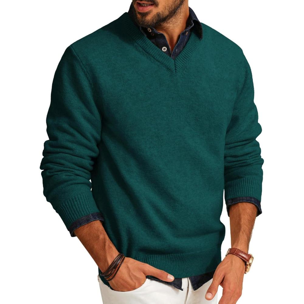 imagePJ PAUL JONES Mens V Neck Pullover Lightweight Wool Blend Long Sleeve Knit SweaterDark Green