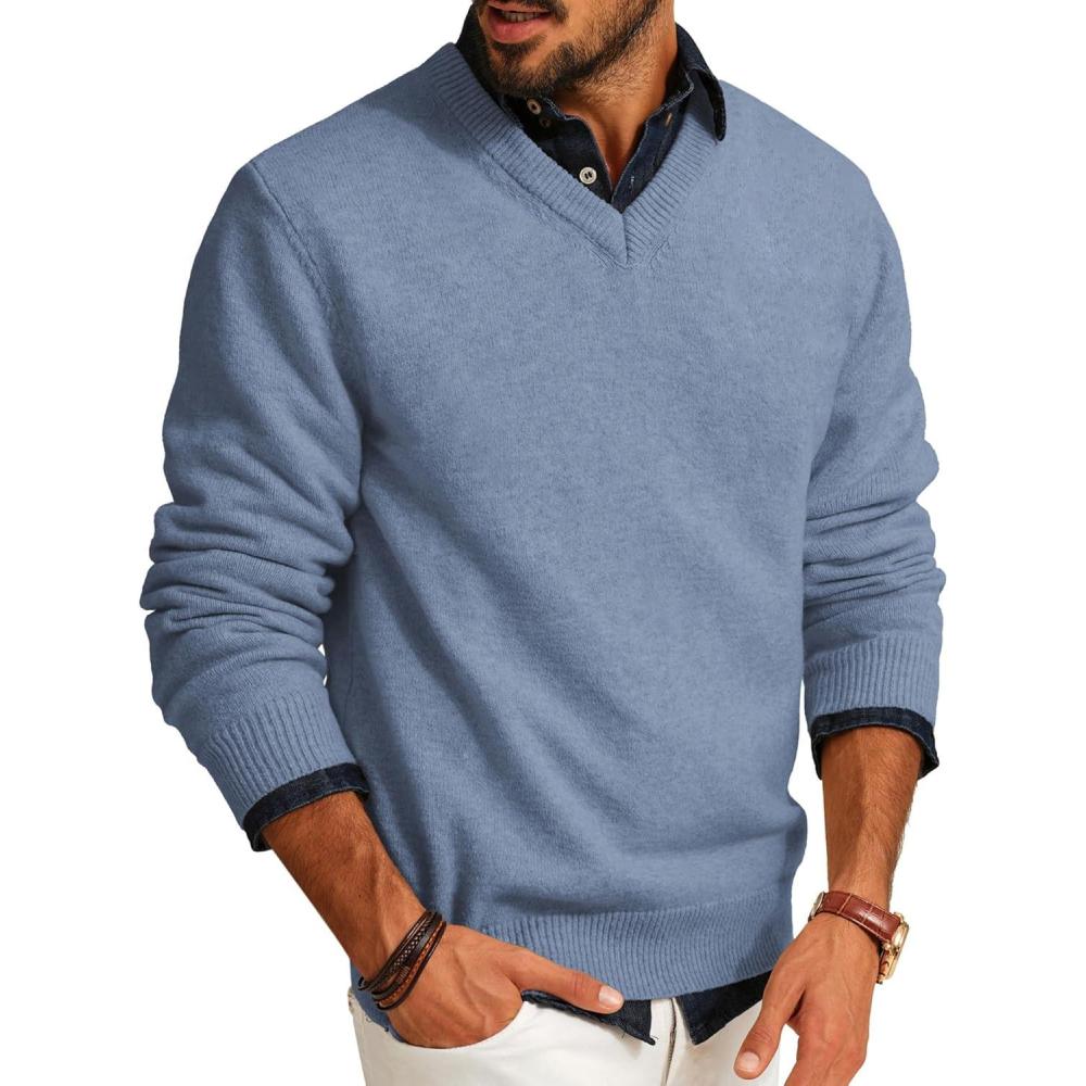 imagePJ PAUL JONES Mens V Neck Pullover Lightweight Wool Blend Long Sleeve Knit SweaterGray Blue