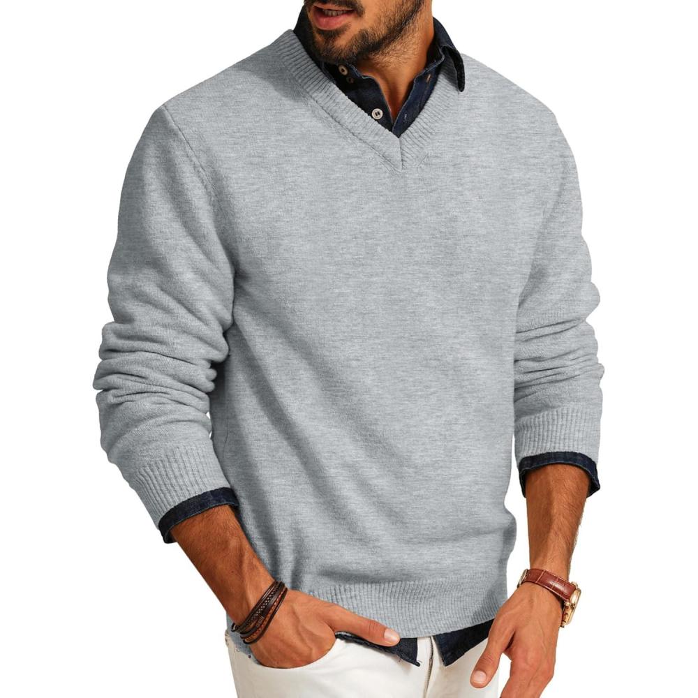 imagePJ PAUL JONES Mens V Neck Pullover Lightweight Wool Blend Long Sleeve Knit SweaterLight Gray