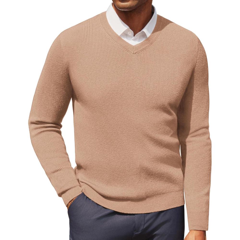 imagePJ PAUL JONES Mens V Neck Sweater Casual Textured Pullover Sweaters Lightweight Ribbed Knit PulloverApricot