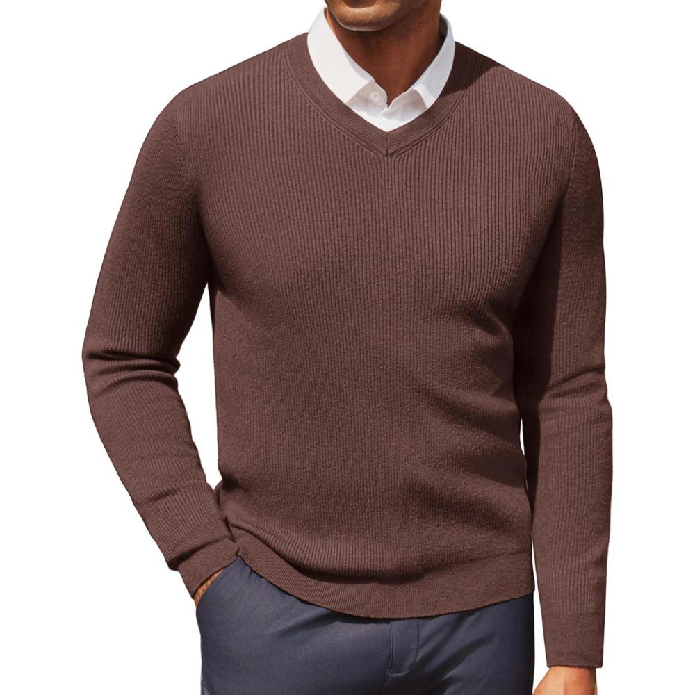 imagePJ PAUL JONES Mens V Neck Sweater Casual Textured Pullover Sweaters Lightweight Ribbed Knit PulloverCoffee