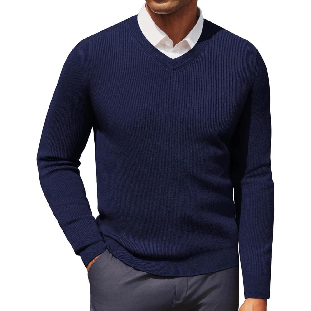 imagePJ PAUL JONES Mens V Neck Sweater Casual Textured Pullover Sweaters Lightweight Ribbed Knit PulloverNavy Blue