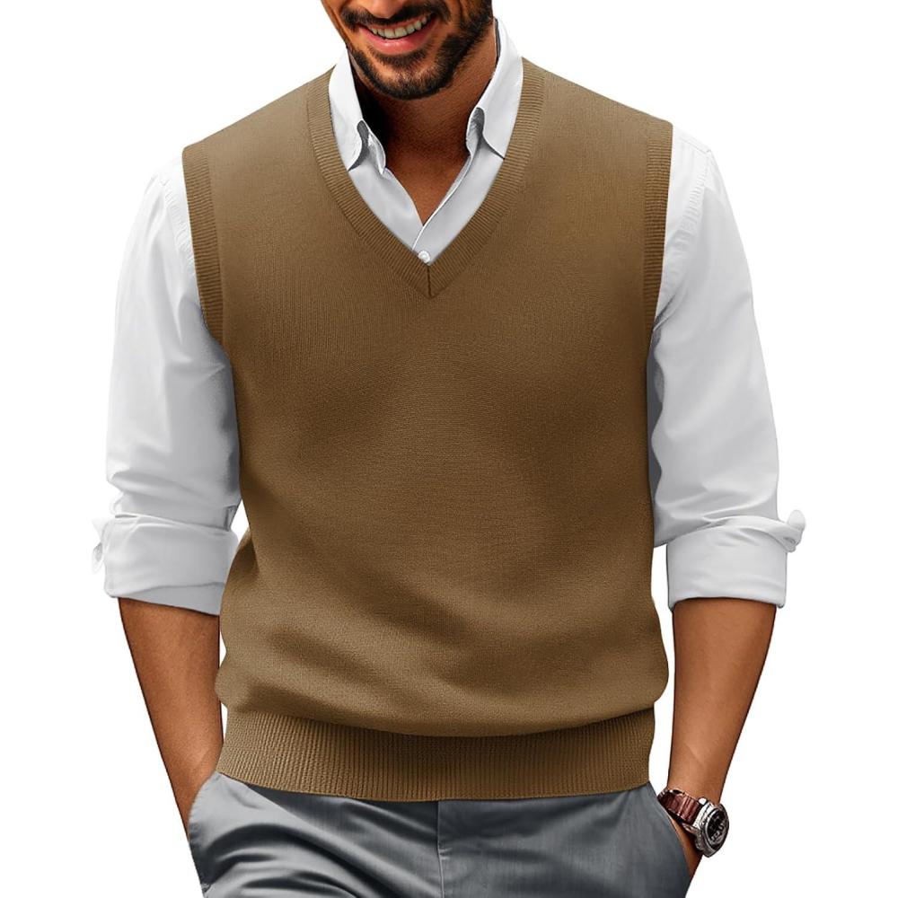 imagePJ PAUL JONES Mens VNeck Knitted Sweater Vest Solid Plain Sleeveless Pullover KnitwearBrown