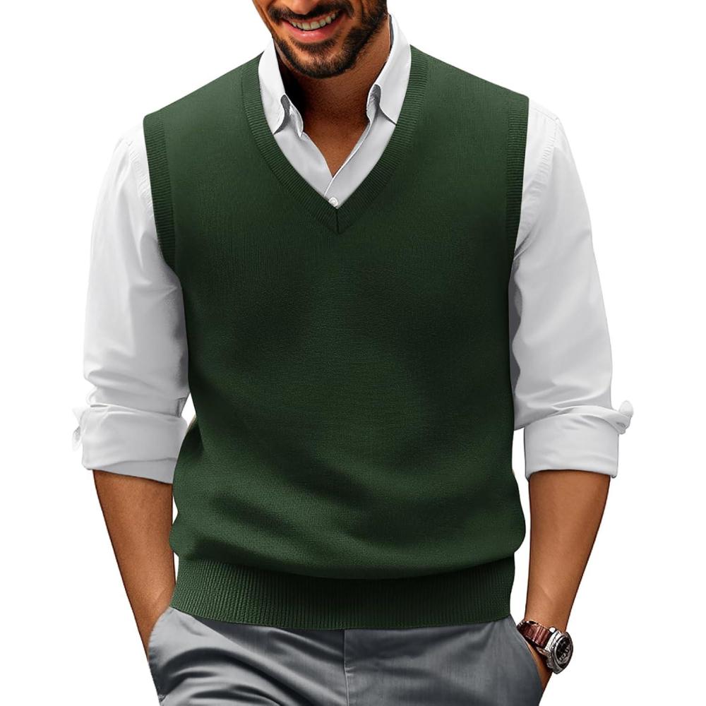 imagePJ PAUL JONES Mens VNeck Knitted Sweater Vest Solid Plain Sleeveless Pullover KnitwearDark Green