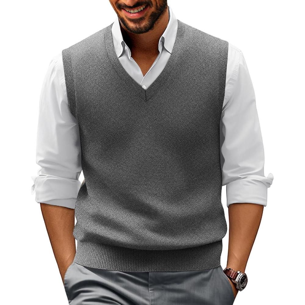 imagePJ PAUL JONES Mens VNeck Knitted Sweater Vest Solid Plain Sleeveless Pullover KnitwearGrey