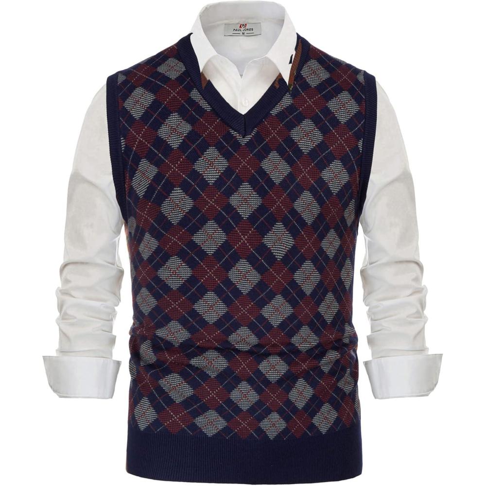 imagePJ PAUL JONES Mens VNeck Knitted Sweater Vest Solid Plain Sleeveless Pullover KnitwearNavy Blueargyle