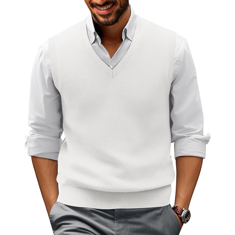 imagePJ PAUL JONES Mens VNeck Knitted Sweater Vest Solid Plain Sleeveless Pullover KnitwearWhite