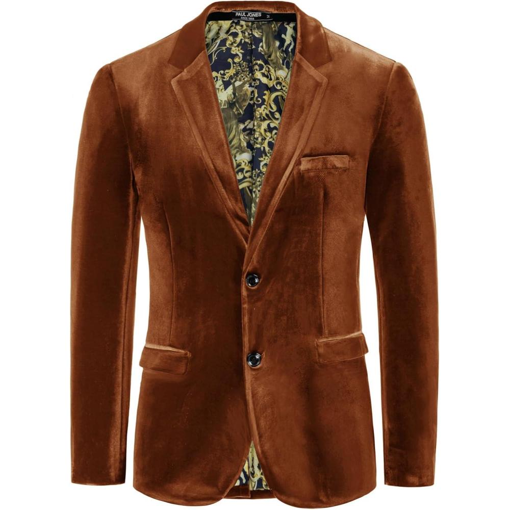 imagePJ PAUL JONES Mens Velvet Blazer Jacket Two Button Sport Coat Solid Suit Jackets for Dinner Prom WeddingBrown