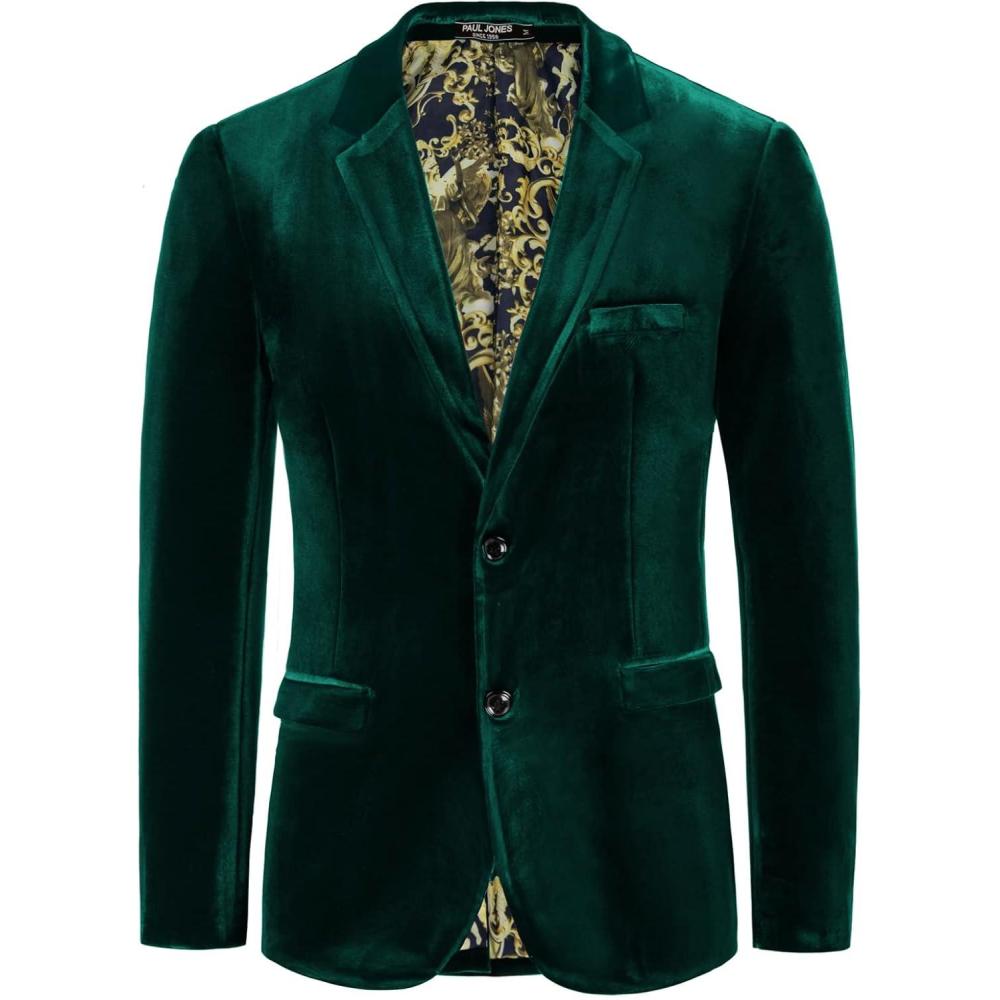 imagePJ PAUL JONES Mens Velvet Blazer Jacket Two Button Sport Coat Solid Suit Jackets for Dinner Prom WeddingDark Green