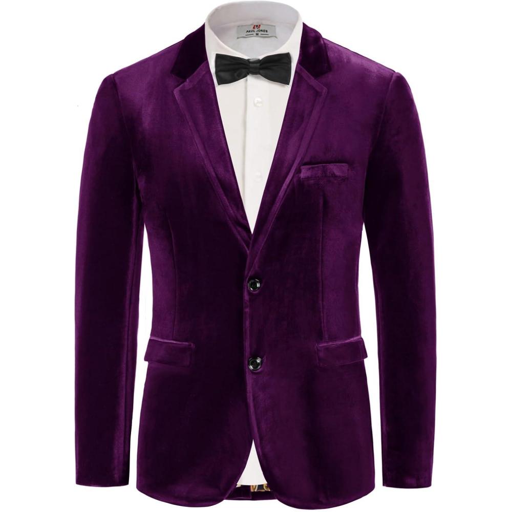 imagePJ PAUL JONES Mens Velvet Blazer Jacket Two Button Sport Coat Solid Suit Jackets for Dinner Prom WeddingDark Purple