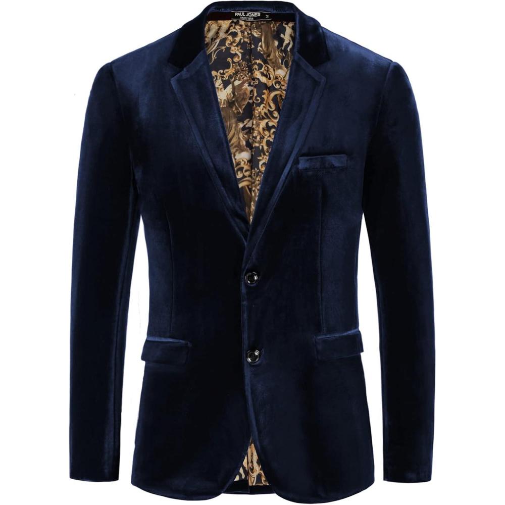 imagePJ PAUL JONES Mens Velvet Blazer Jacket Two Button Sport Coat Solid Suit Jackets for Dinner Prom WeddingNavy