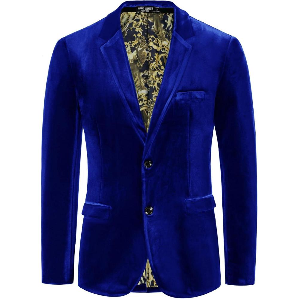 imagePJ PAUL JONES Mens Velvet Blazer Jacket Two Button Sport Coat Solid Suit Jackets for Dinner Prom WeddingRoyal Blue