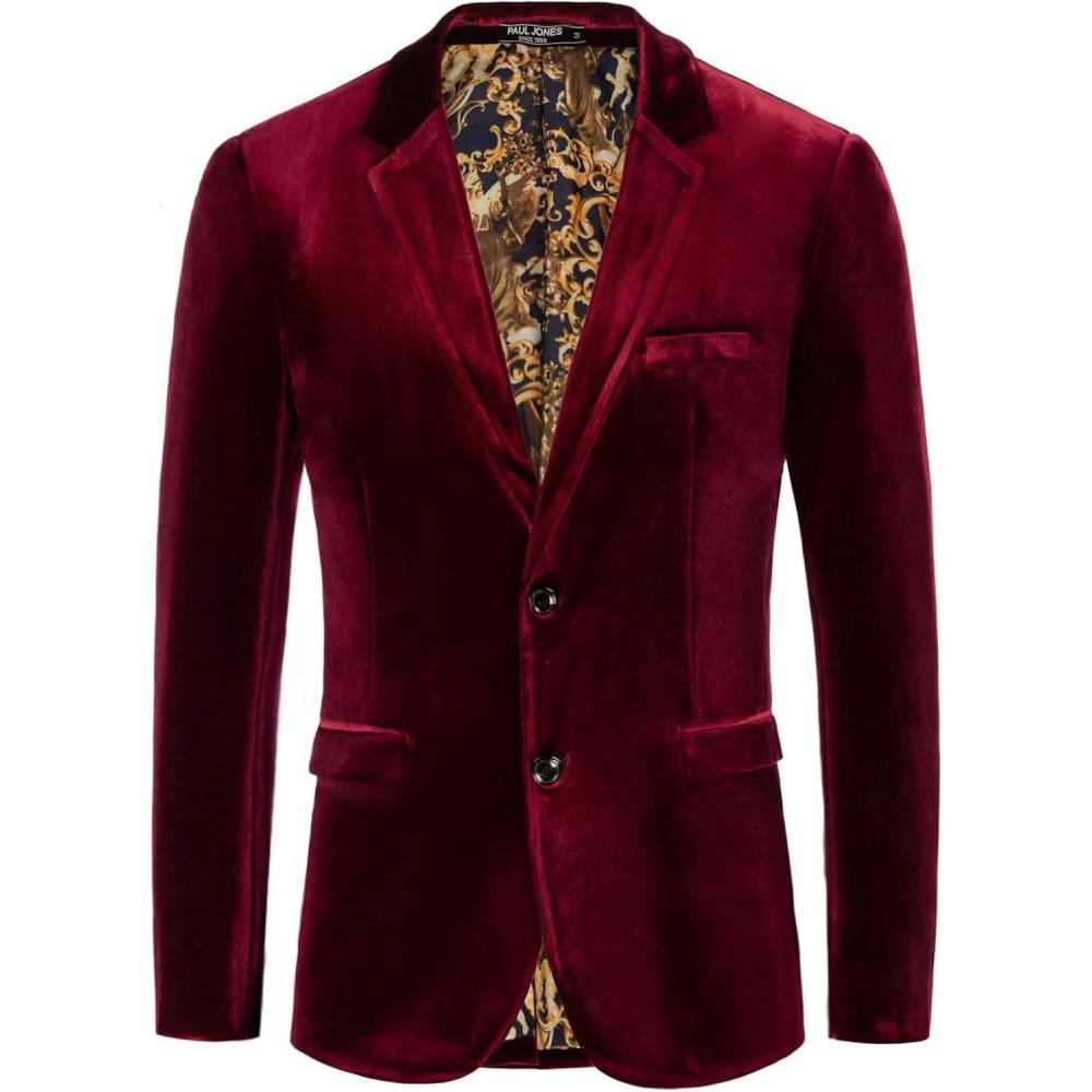 imagePJ PAUL JONES Mens Velvet Blazer Jacket Two Button Sport Coat Solid Suit Jackets for Dinner Prom WeddingWine