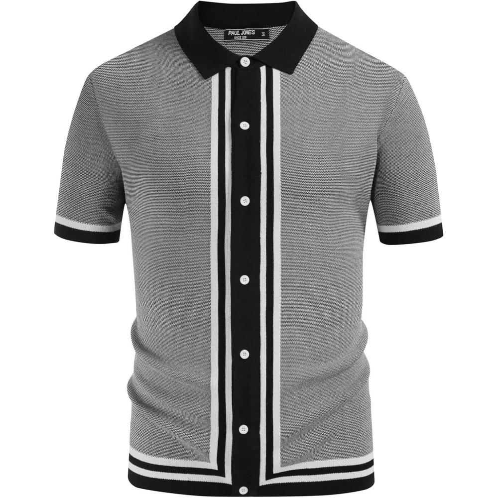 imagePJ PAUL JONES Mens Vintage Stripe Knit Polo Shirts Short Sleeve Stylish Button Down Cardigan SweaterBlackknit