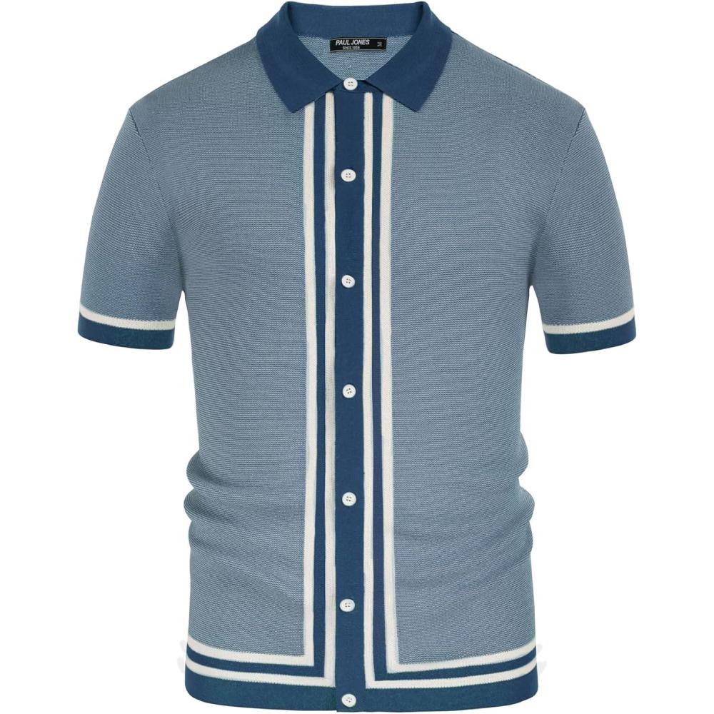 imagePJ PAUL JONES Mens Vintage Stripe Knit Polo Shirts Short Sleeve Stylish Button Down Cardigan SweaterBlue