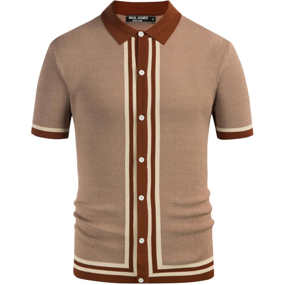 imagePJ PAUL JONES Mens Vintage Stripe Knit Polo Shirts Short Sleeve Stylish Button Down Cardigan SweaterCamarel