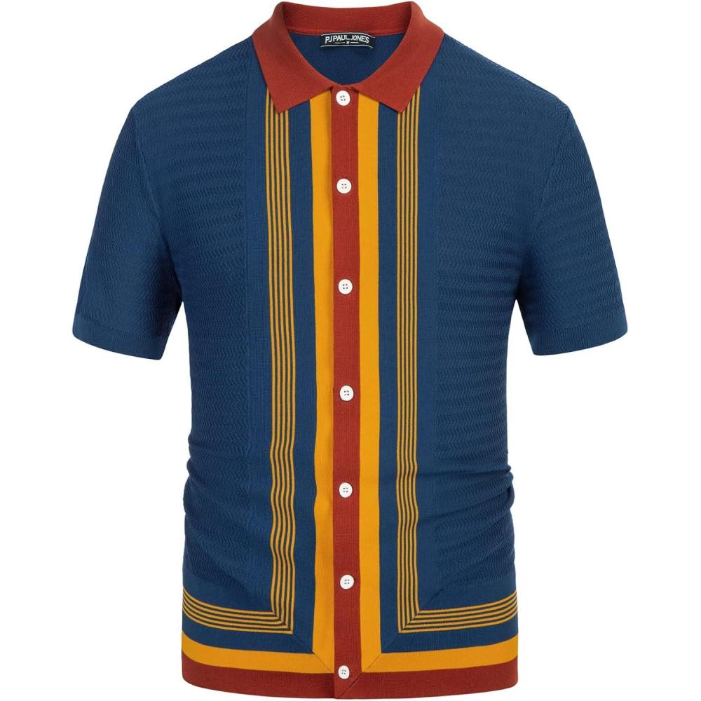 imagePJ PAUL JONES Mens Vintage Stripe Knit Polo Shirts Short Sleeve Stylish Button Down Cardigan SweaterDark Blue