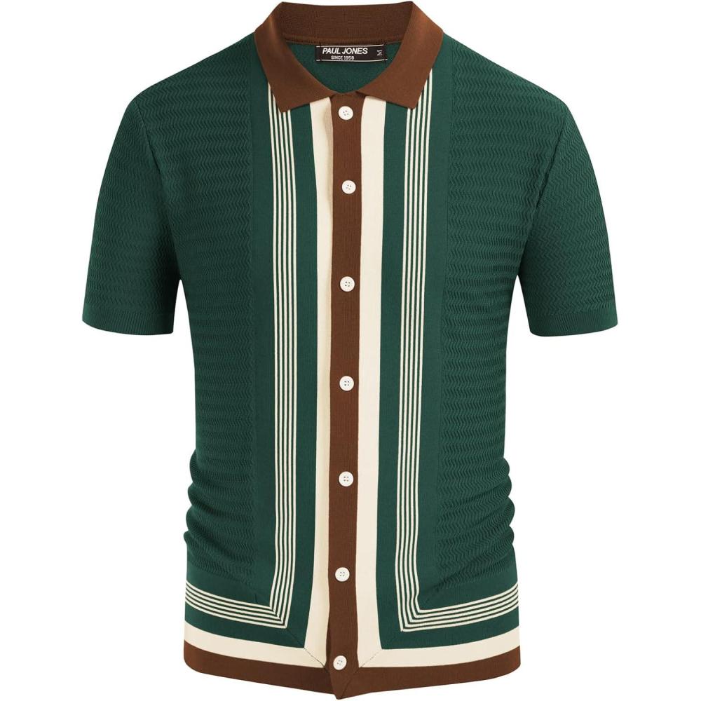 imagePJ PAUL JONES Mens Vintage Stripe Knit Polo Shirts Short Sleeve Stylish Button Down Cardigan SweaterDark Green