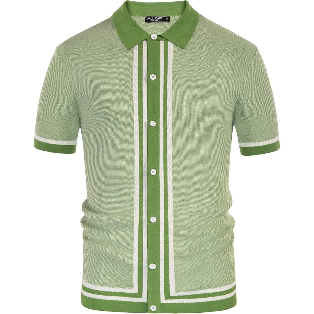 imagePJ PAUL JONES Mens Vintage Stripe Knit Polo Shirts Short Sleeve Stylish Button Down Cardigan SweaterGreenknit