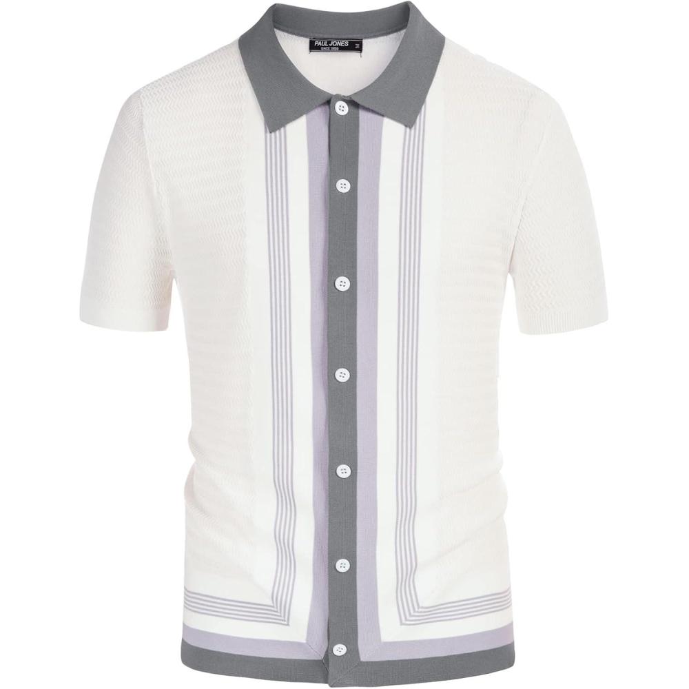 imagePJ PAUL JONES Mens Vintage Stripe Knit Polo Shirts Short Sleeve Stylish Button Down Cardigan SweaterIvory