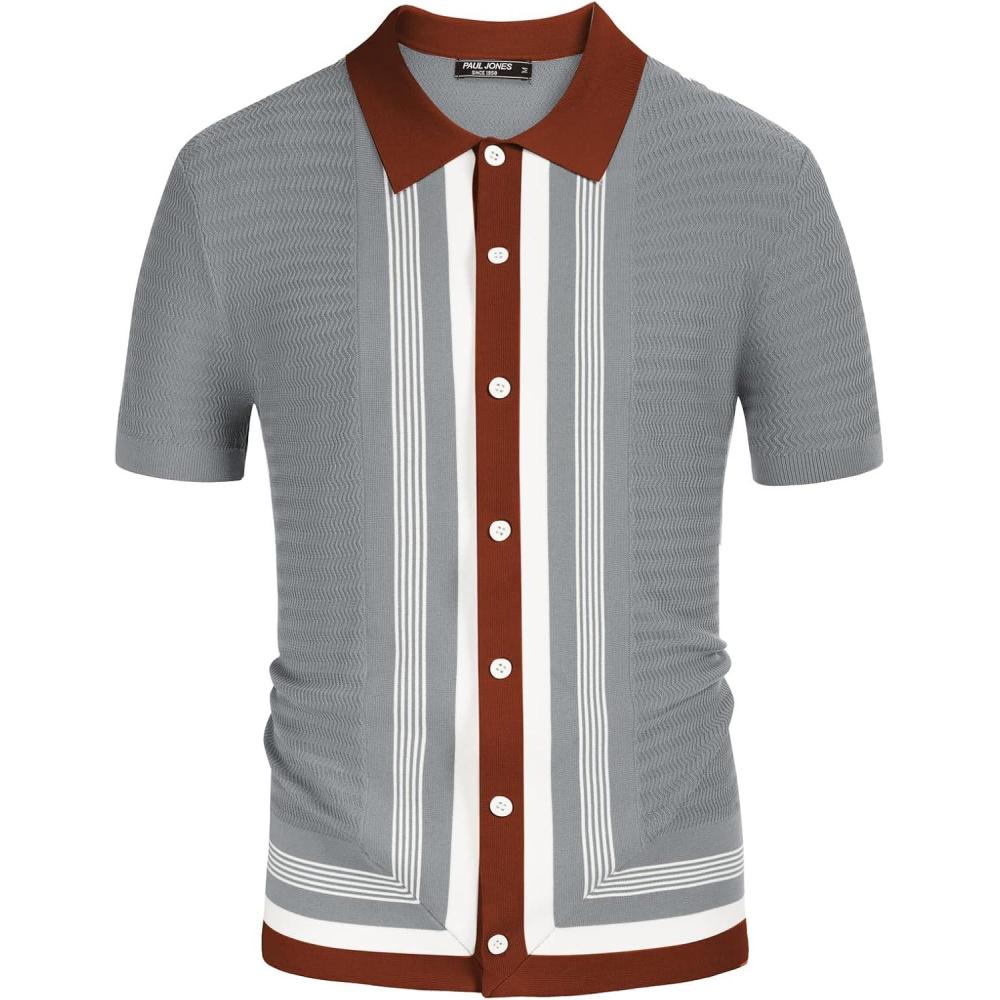 imagePJ PAUL JONES Mens Vintage Stripe Knit Polo Shirts Short Sleeve Stylish Button Down Cardigan SweaterLight Grey