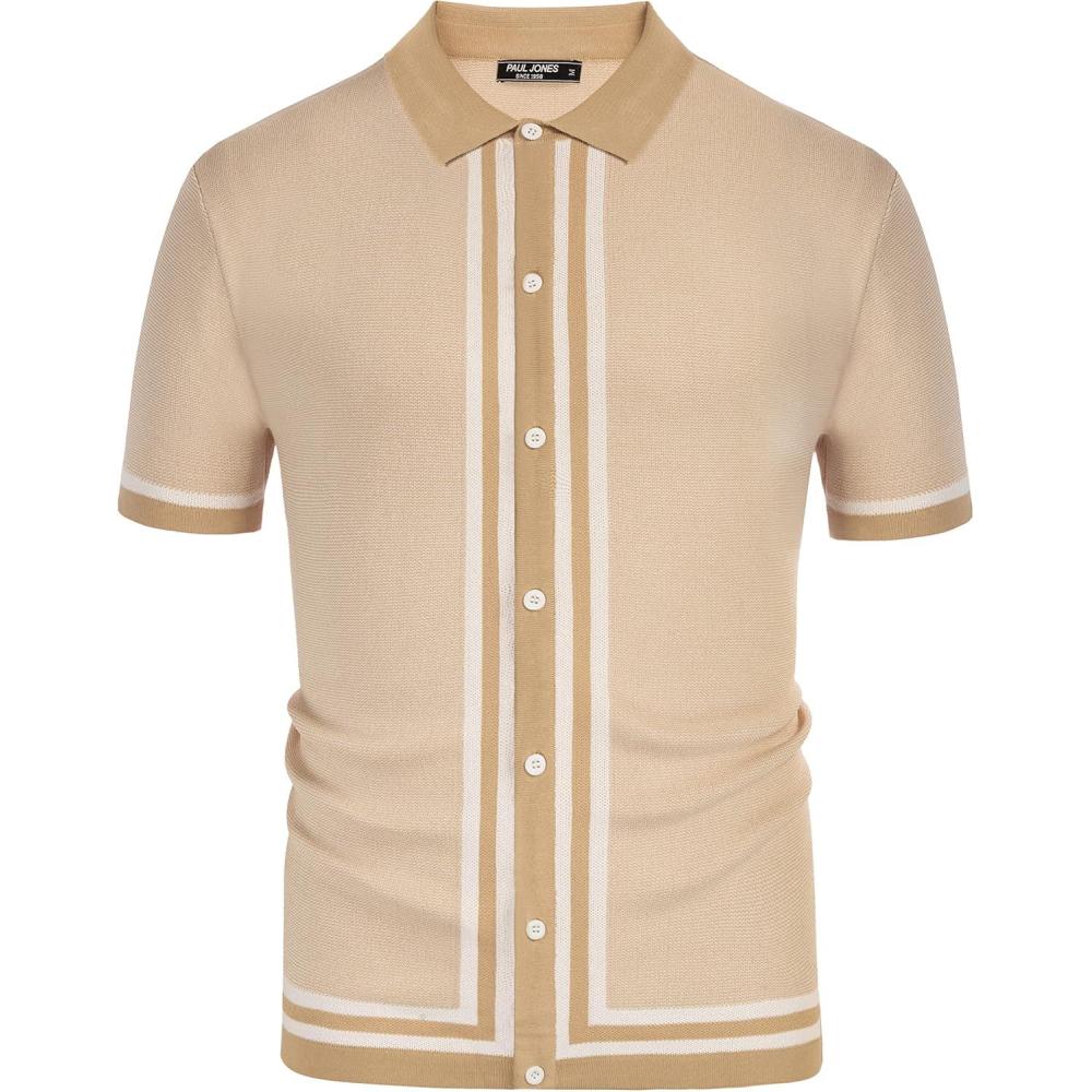 imagePJ PAUL JONES Mens Vintage Stripe Knit Polo Shirts Short Sleeve Stylish Button Down Cardigan SweaterWheat