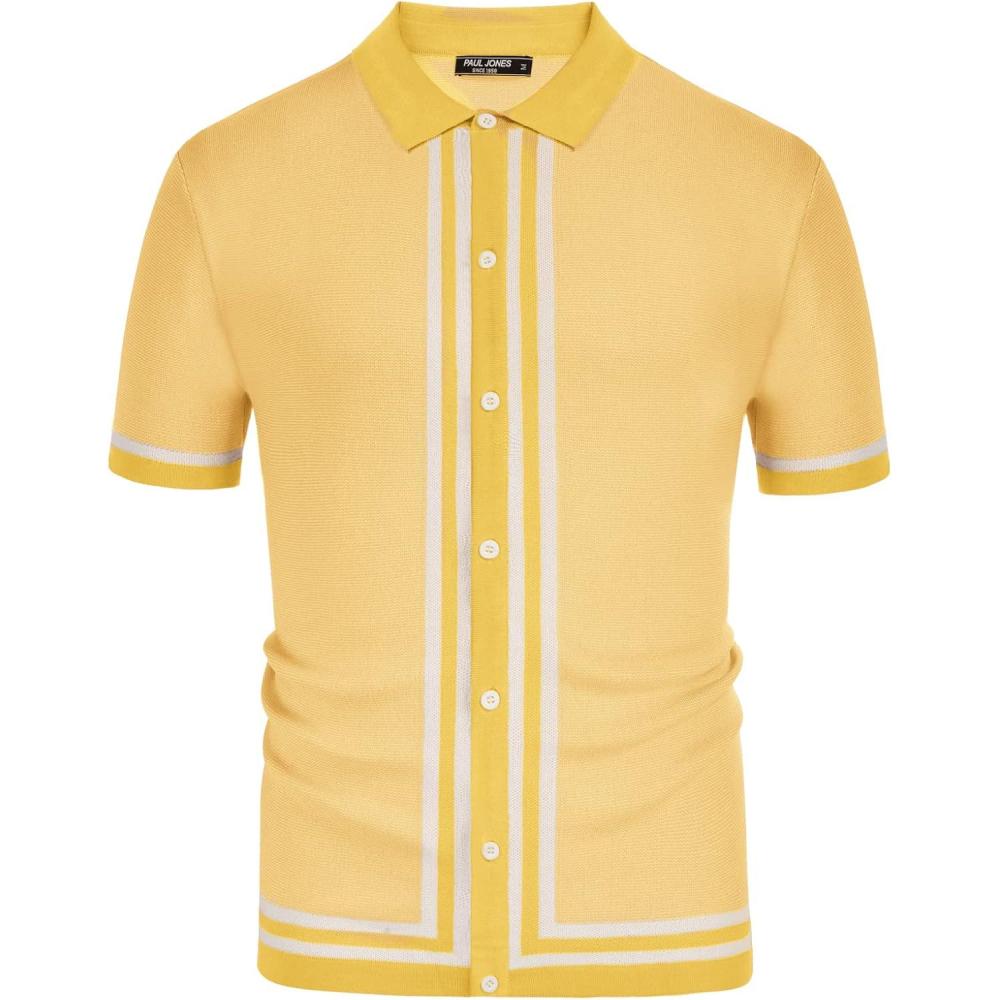 imagePJ PAUL JONES Mens Vintage Stripe Knit Polo Shirts Short Sleeve Stylish Button Down Cardigan SweaterYellow