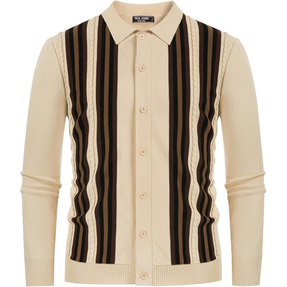 imagePJ PAUL JONES Mens Vintage Striped Knit Polo Shirt Long Sleeve Button Down Cardigan SweaterApricotlong Sleeve