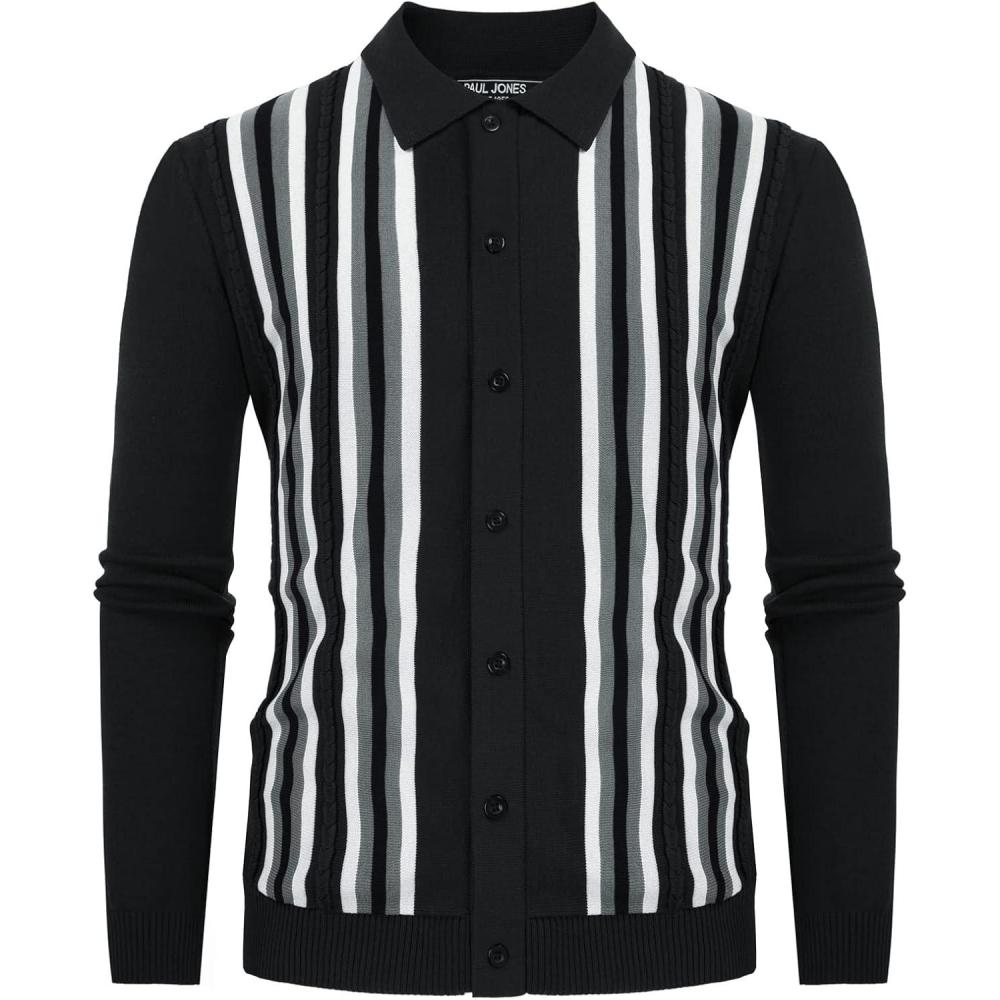 imagePJ PAUL JONES Mens Vintage Striped Knit Polo Shirt Long Sleeve Button Down Cardigan SweaterBlack Graylong Sleeve