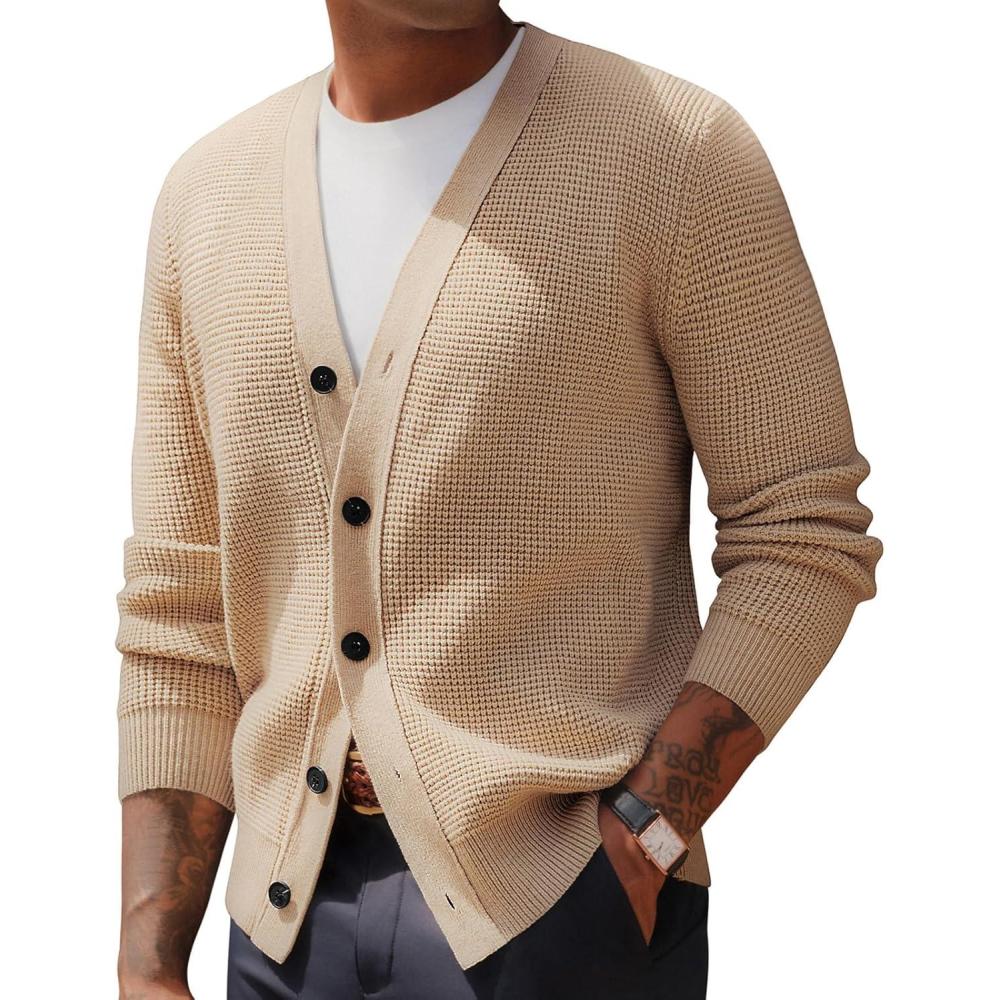 imagePJ PAUL JONES Mens Waffle Textured Cardigan Sweater Long Sleeve VNeck Knitted SweatersApricot