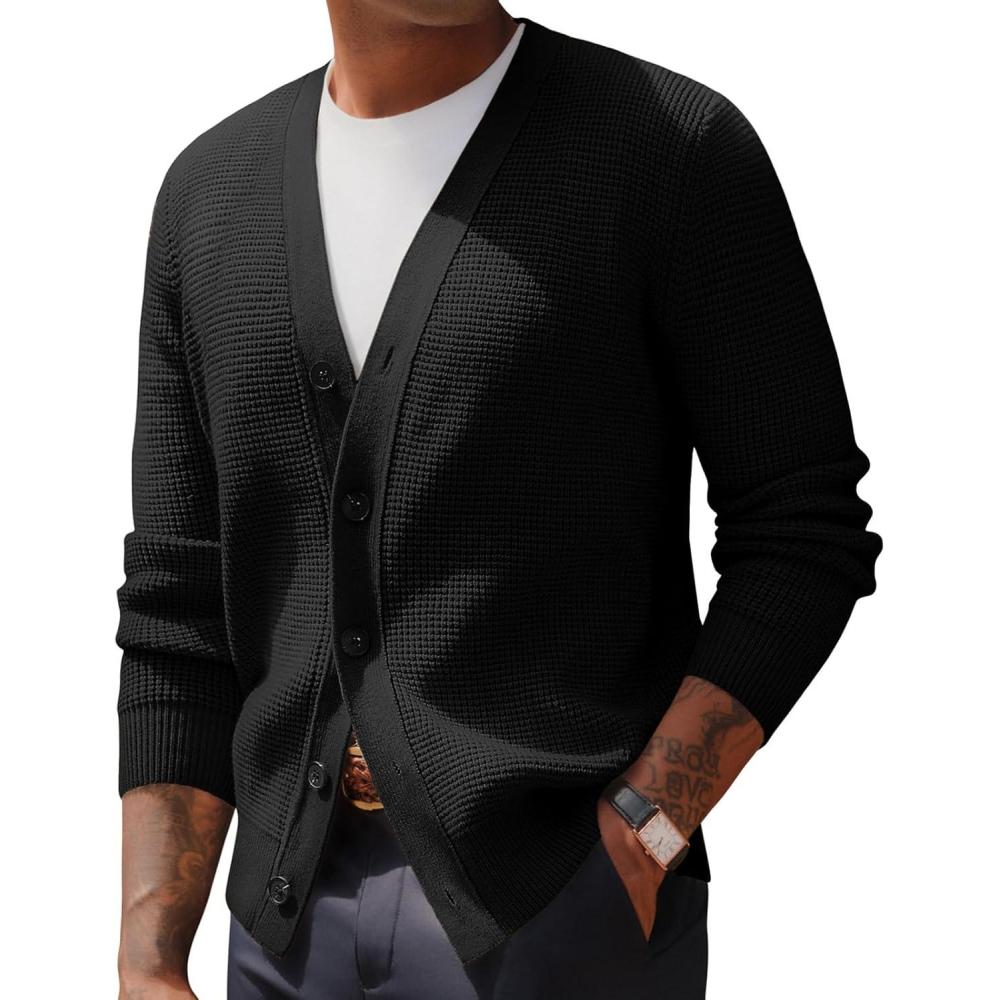 imagePJ PAUL JONES Mens Waffle Textured Cardigan Sweater Long Sleeve VNeck Knitted SweatersBlack