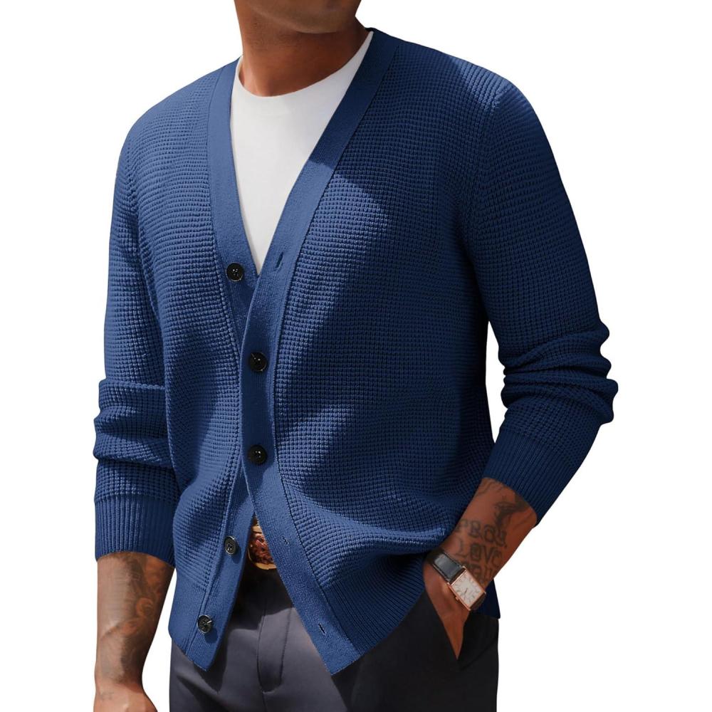 imagePJ PAUL JONES Mens Waffle Textured Cardigan Sweater Long Sleeve VNeck Knitted SweatersBlue