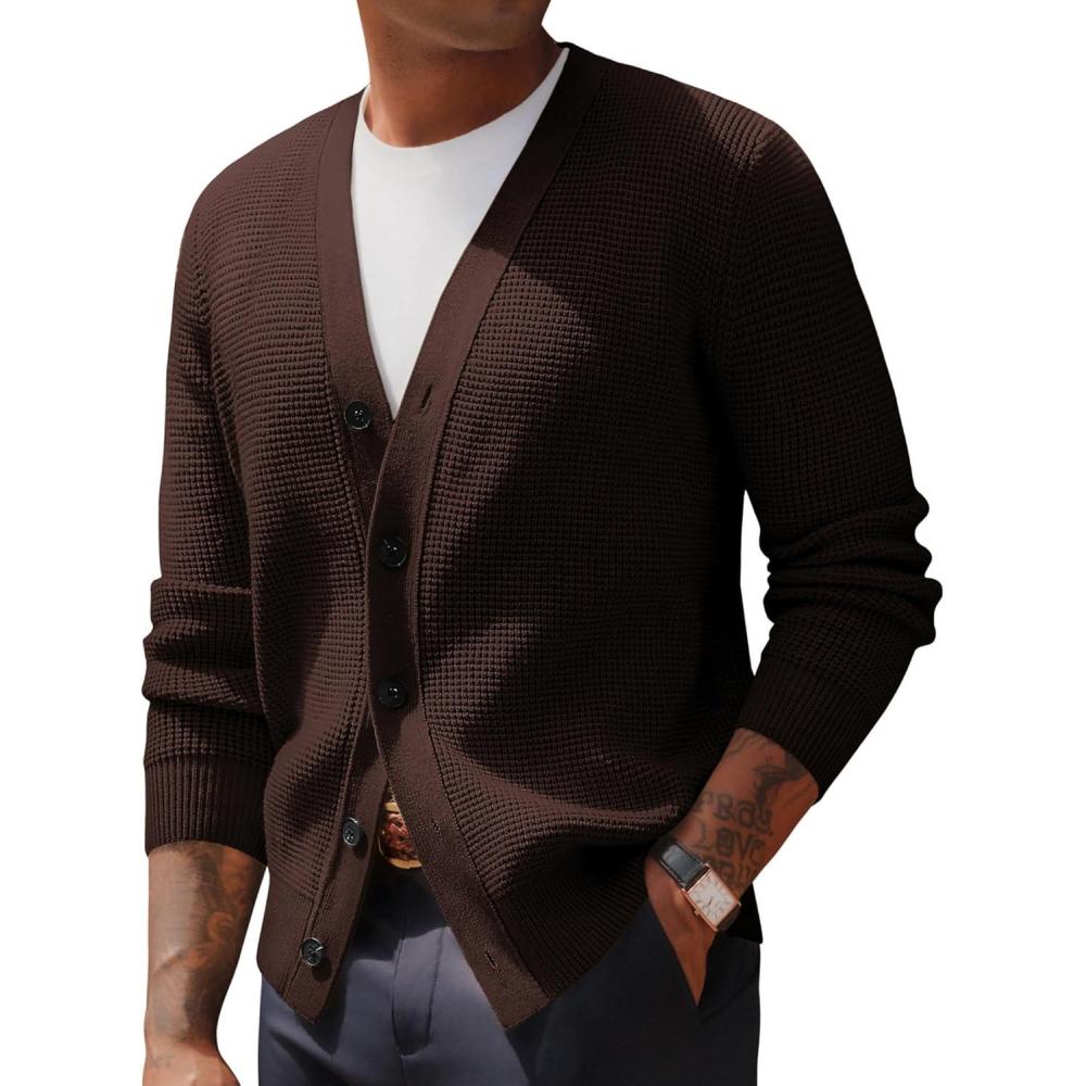 imagePJ PAUL JONES Mens Waffle Textured Cardigan Sweater Long Sleeve VNeck Knitted SweatersCoffee
