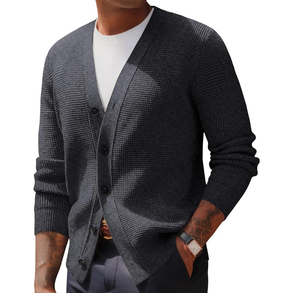 imagePJ PAUL JONES Mens Waffle Textured Cardigan Sweater Long Sleeve VNeck Knitted SweatersDark Grey