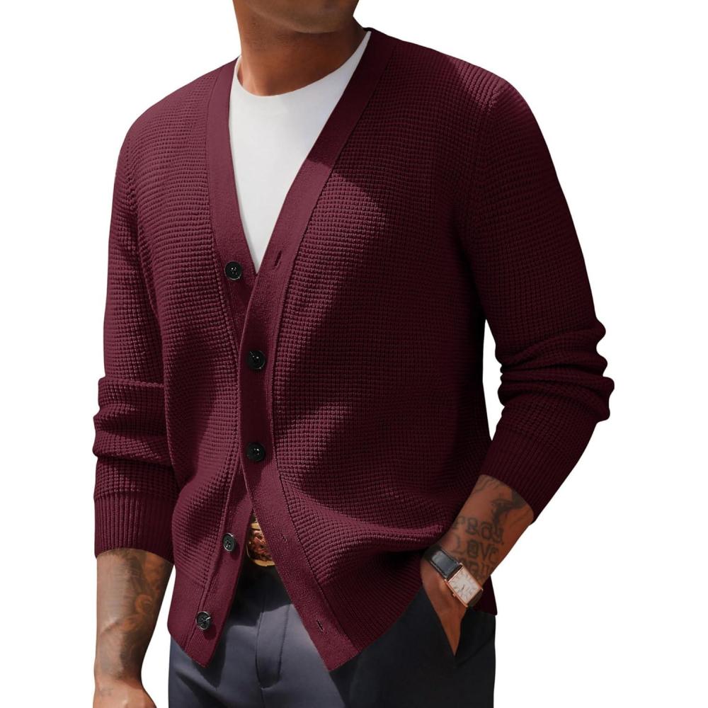 imagePJ PAUL JONES Mens Waffle Textured Cardigan Sweater Long Sleeve VNeck Knitted SweatersDark Red