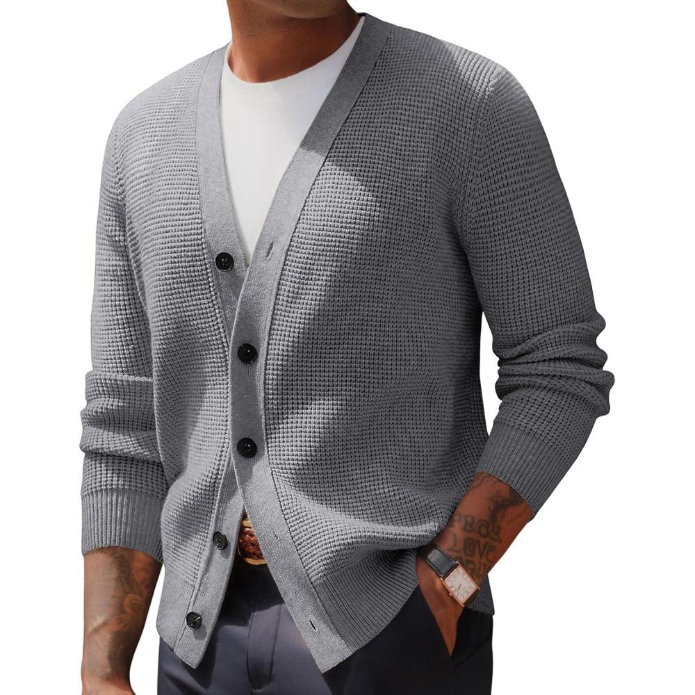 imagePJ PAUL JONES Mens Waffle Textured Cardigan Sweater Long Sleeve VNeck Knitted SweatersGrey