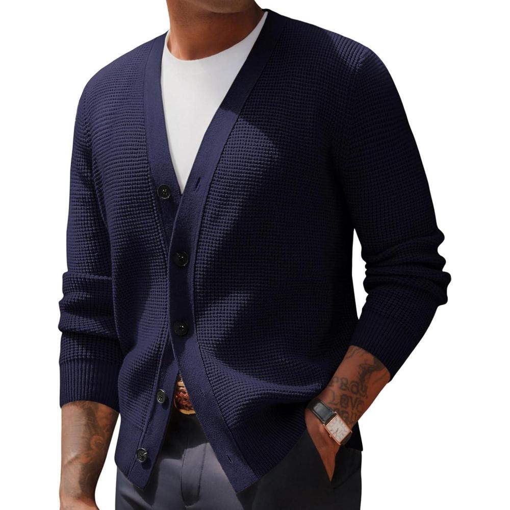 imagePJ PAUL JONES Mens Waffle Textured Cardigan Sweater Long Sleeve VNeck Knitted SweatersNavy Blue