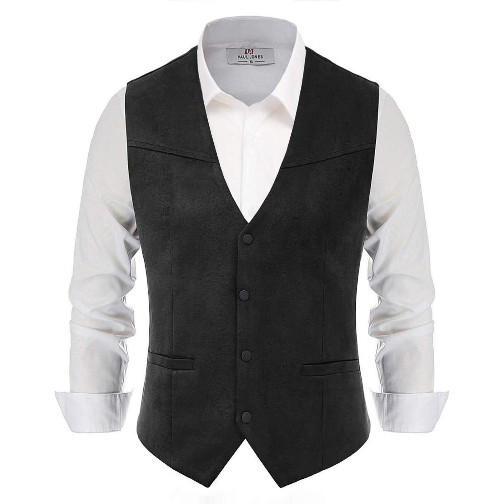 imagePJ PAUL JONES Mens Western Cowboy Suit Vest Slim Fit Faux Suede Leather Dress Vests Waistcoat for WeddingBlack