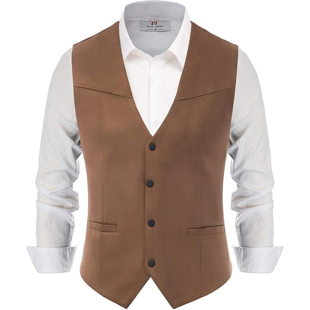 imagePJ PAUL JONES Mens Western Cowboy Suit Vest Slim Fit Faux Suede Leather Dress Vests Waistcoat for WeddingBrown